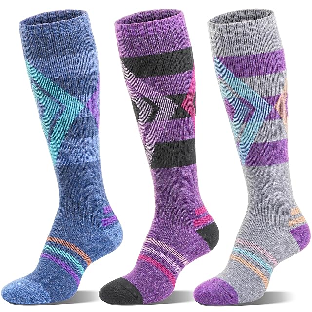 Chaussettes de ski mérinos Welwoos bleues, violettes et grises, trois paires